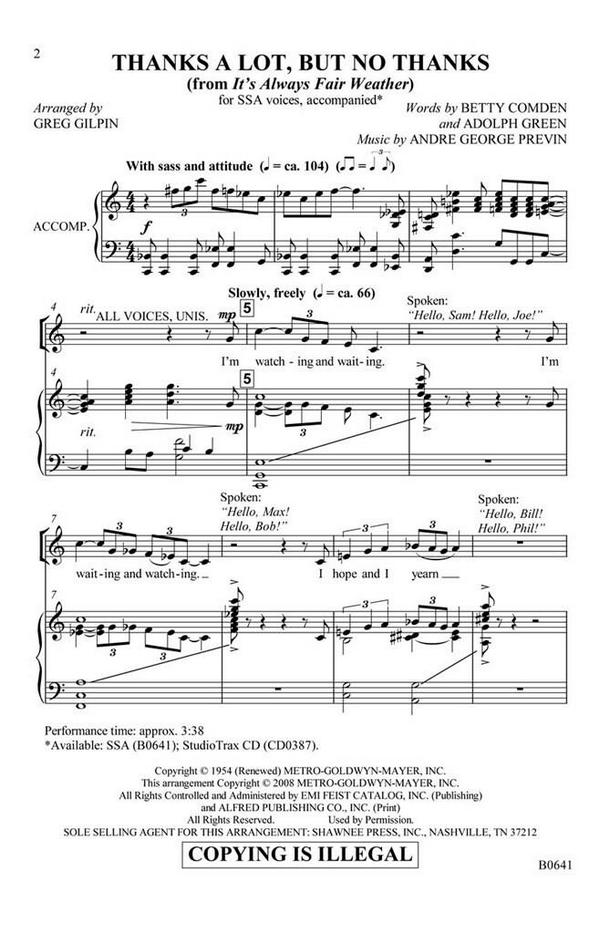 Betty Comden_Adolph Green_Andre Previn, Thanks a Lot, But No Thanks&nbsp;&nbsp;SSA&nbsp;&nbsp;Chorpartitur