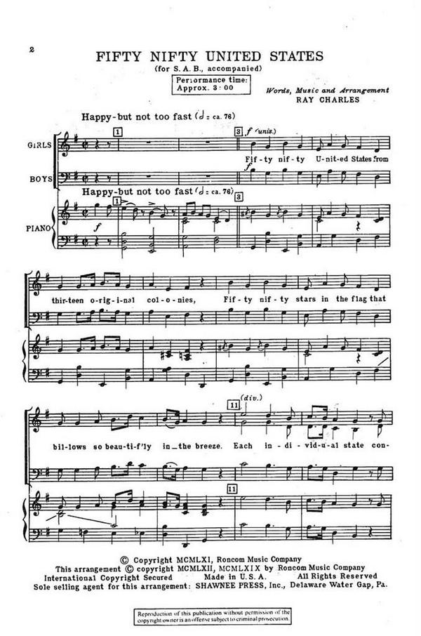 Ray Charles, Fifty Nifty United States&nbsp;&nbsp;SAB&nbsp;&nbsp;Chorpartitur