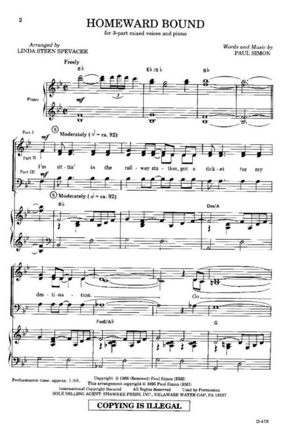 Paul Simon, Homeward Bound&nbsp;&nbsp;3-Part Choir&nbsp;&nbsp;Chorpartitur