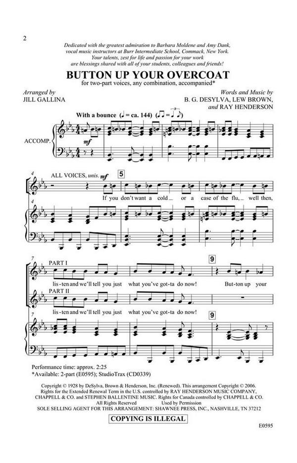 Lew Brown_B.G. DeSylva_Ray Henderson, Button Up Your Overcoat&nbsp;&nbsp;2-Part Choir&nbsp;&nbsp;Chorpartitur