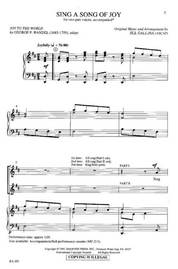 Jill Gallina, Sing a Song of Joy&nbsp;&nbsp;2-Part Choir&nbsp;&nbsp;Chorpartitur