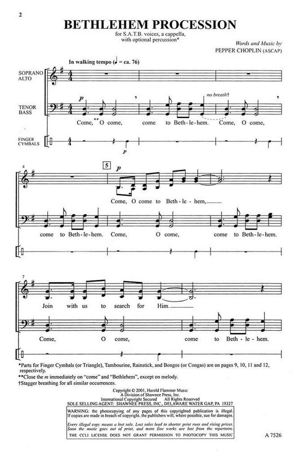 Pepper Choplin, Bethlehem Procession&nbsp;&nbsp;SATB a Cappella&nbsp;&nbsp;Chorpartitur