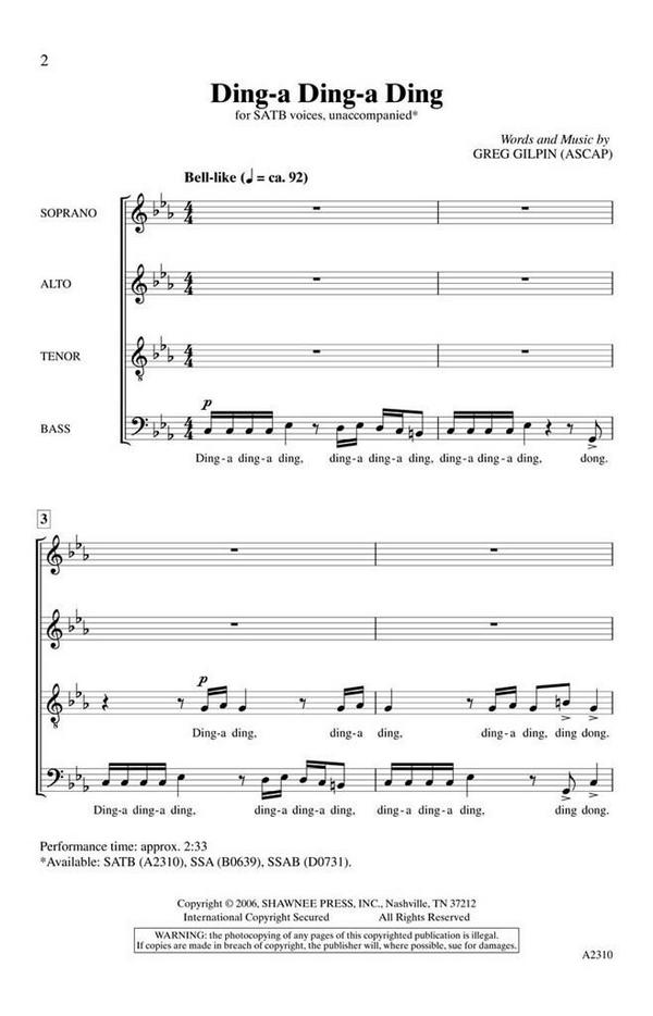 Ding-A Ding-A Ding&nbsp;&nbsp;for mixed choir unaccompanied&nbsp;&nbsp;choral score