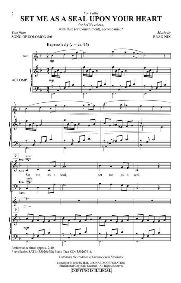 Brad Nix, Set Me As a Seal Upon Your Heart&nbsp;&nbsp;SATB and flute or C-instrument&nbsp;&nbsp;Chorpartitur
