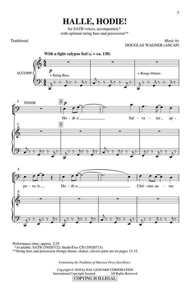 Douglas E. Wagner, Halle, Hodie!&nbsp;&nbsp;SATB and perc. 1 and 2 and string bass&nbsp;&nbsp;Chorpartitur