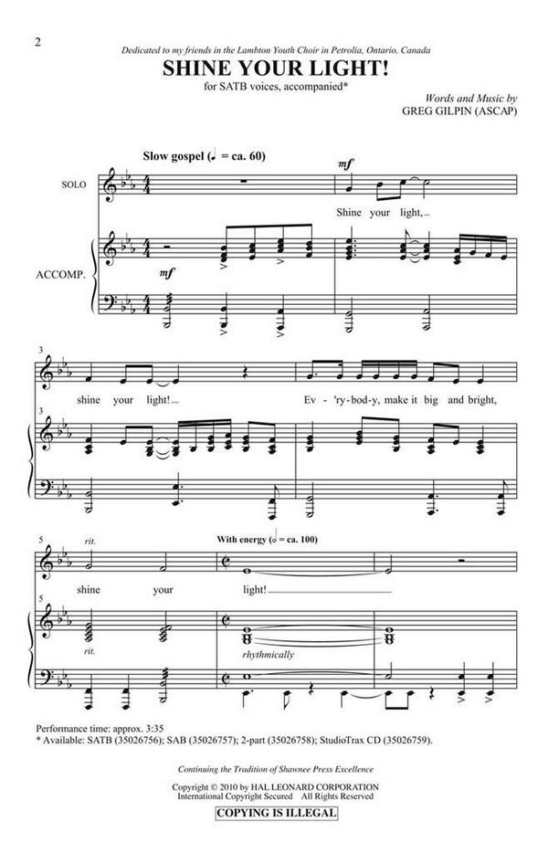 Shine Your Light!  for mixed choir and piano  choral score