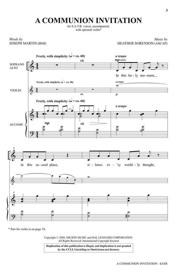 Heather Sorenson, A Communion Invitation&nbsp;&nbsp;SATB [and violin]&nbsp;&nbsp;Chorpartitur