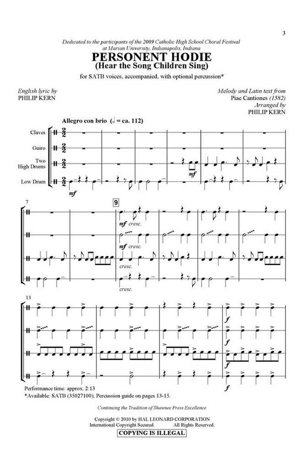 Personent Hodie&nbsp;&nbsp;SATB and opt. percussion [claves and 2 high drums and low drum]&nbsp;&nbsp;Chorpartitur