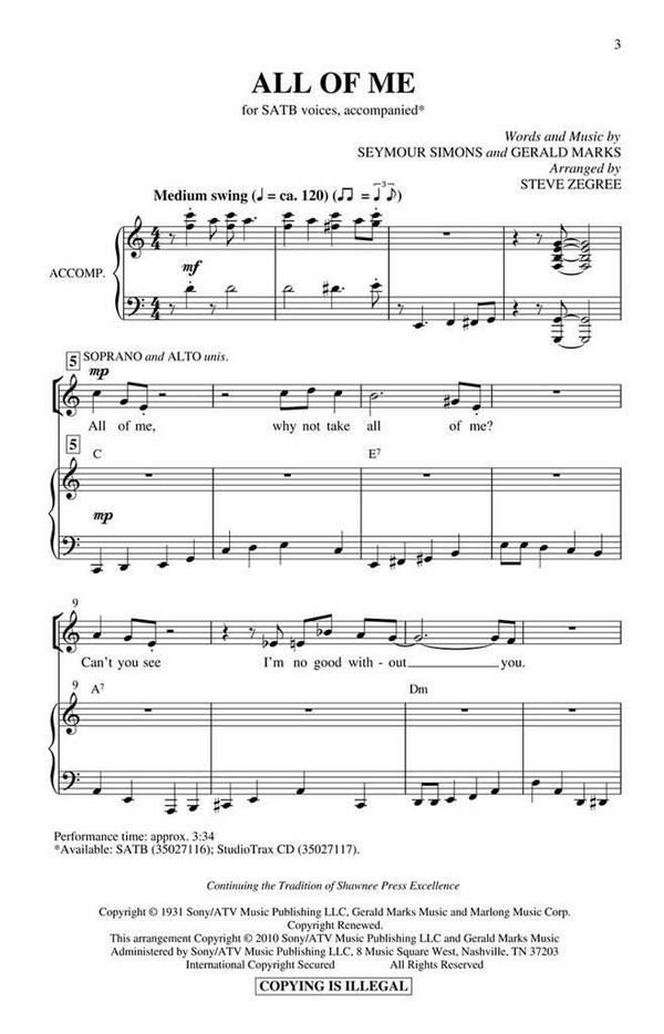 Gerald Marks_Seymour Simons, All of Me&nbsp;&nbsp;SATB and Piano&nbsp;&nbsp;Chorpartitur