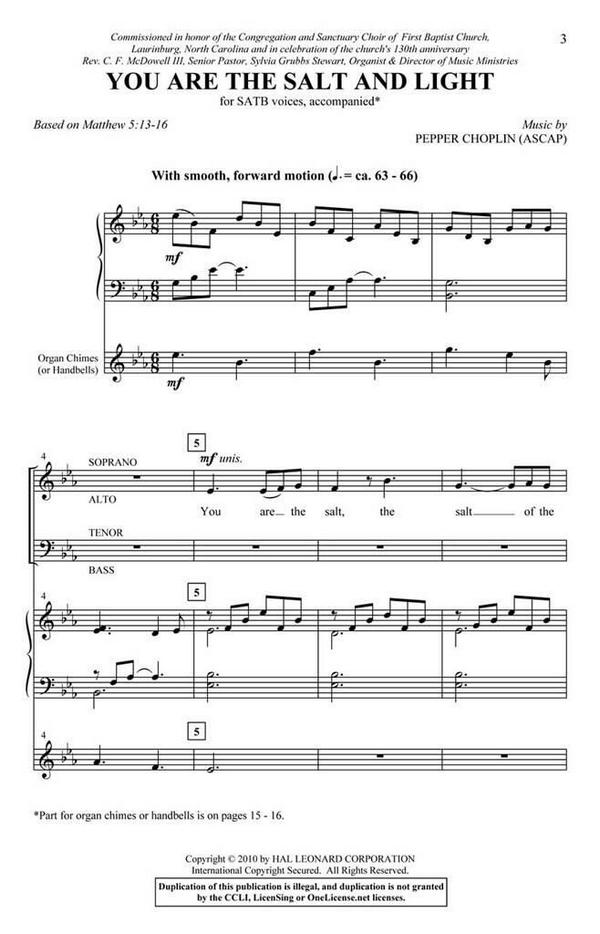 Pepper Choplin, You are the Salt and Light&nbsp;&nbsp;SATB and organ chimes or handbells&nbsp;&nbsp;Chorpartitur
