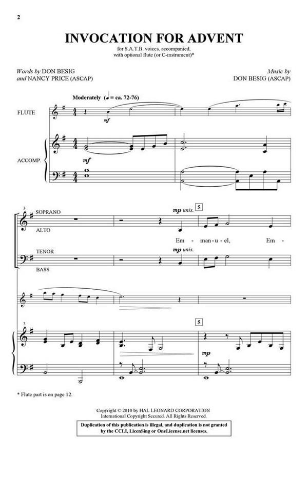 Don Besig_Nancy Price, Invocation for Advent&nbsp;&nbsp;SATB and Flute&nbsp;&nbsp;Chorpartitur