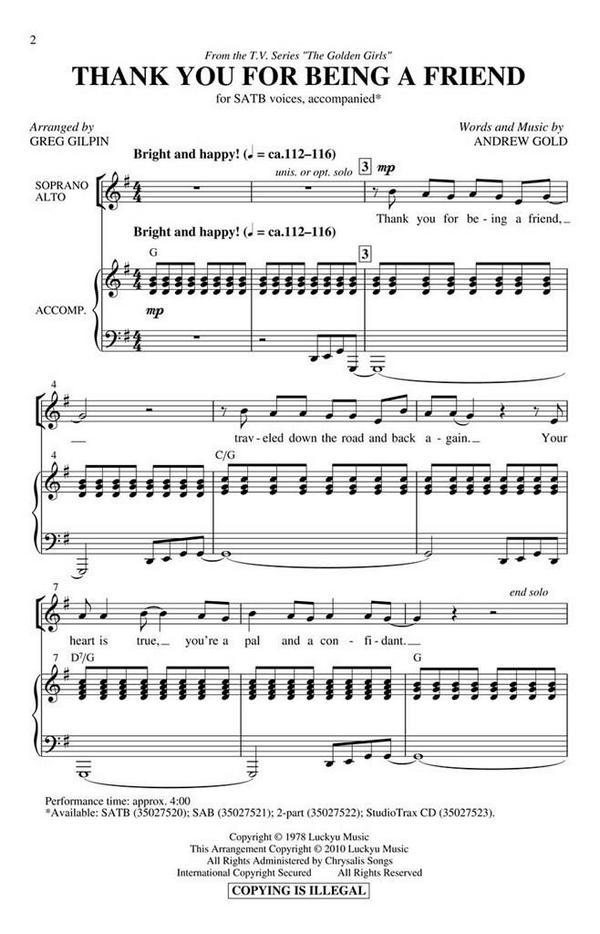 Andrew Gold, Thank You for Being a Friend&nbsp;&nbsp;SATB&nbsp;&nbsp;Chorpartitur