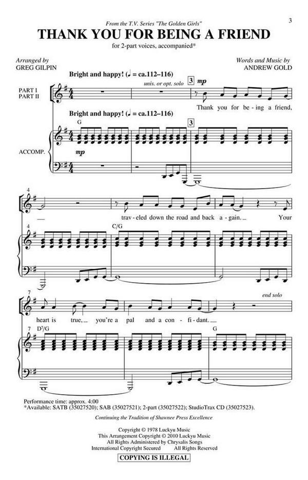 Andrew Gold, Thank You for Being a Friend&nbsp;&nbsp;2-Part Choir&nbsp;&nbsp;Chorpartitur