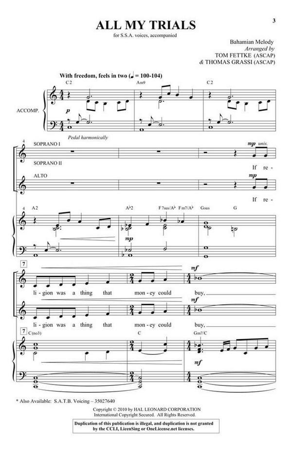 All My Trials&nbsp;&nbsp;SSA&nbsp;&nbsp;Chorpartitur
