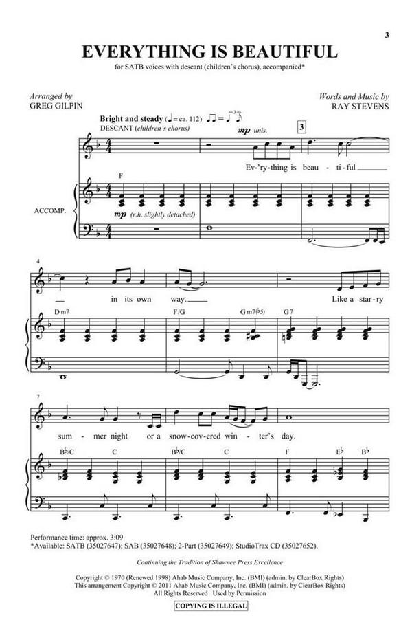 Ray Stevens, Everything Is Beautiful&nbsp;&nbsp;SATB and descant [opt. children's chorus]&nbsp;&nbsp;Chorpartitur