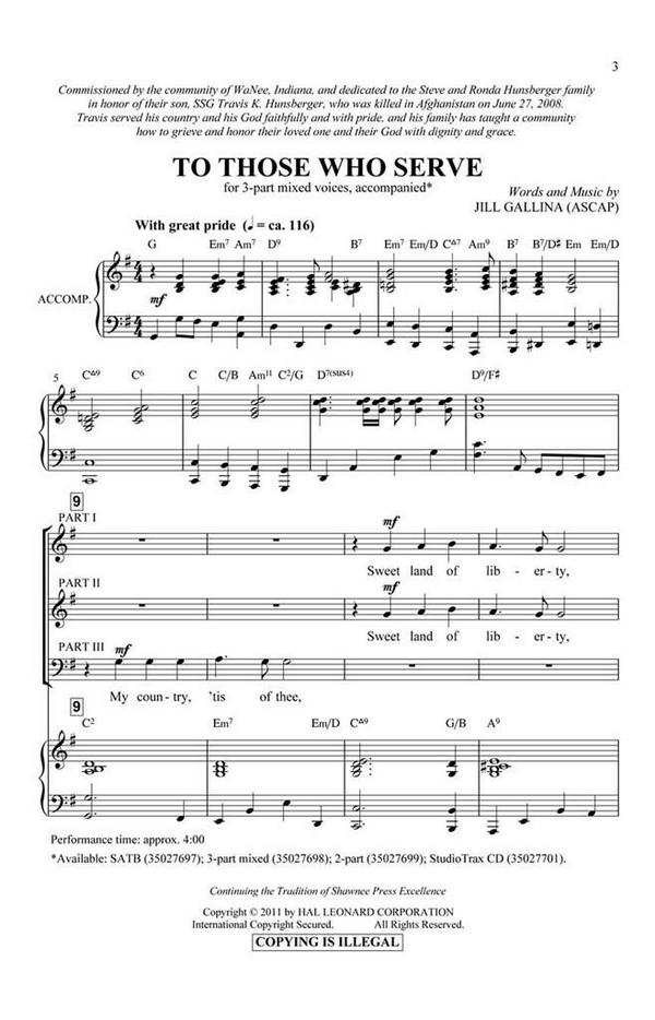 Jill Gallina, To Those Who Serve&nbsp;&nbsp;3-Part Choir&nbsp;&nbsp;Chorpartitur