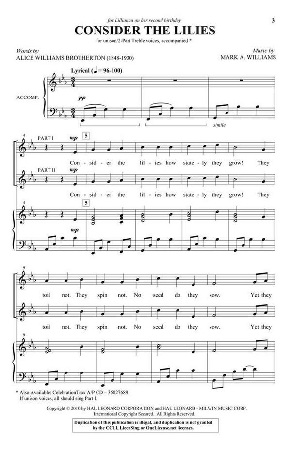 Alice Brotherton_Mark Williams, Consider the Lilies&nbsp;&nbsp;2-Part Choir&nbsp;&nbsp;Chorpartitur