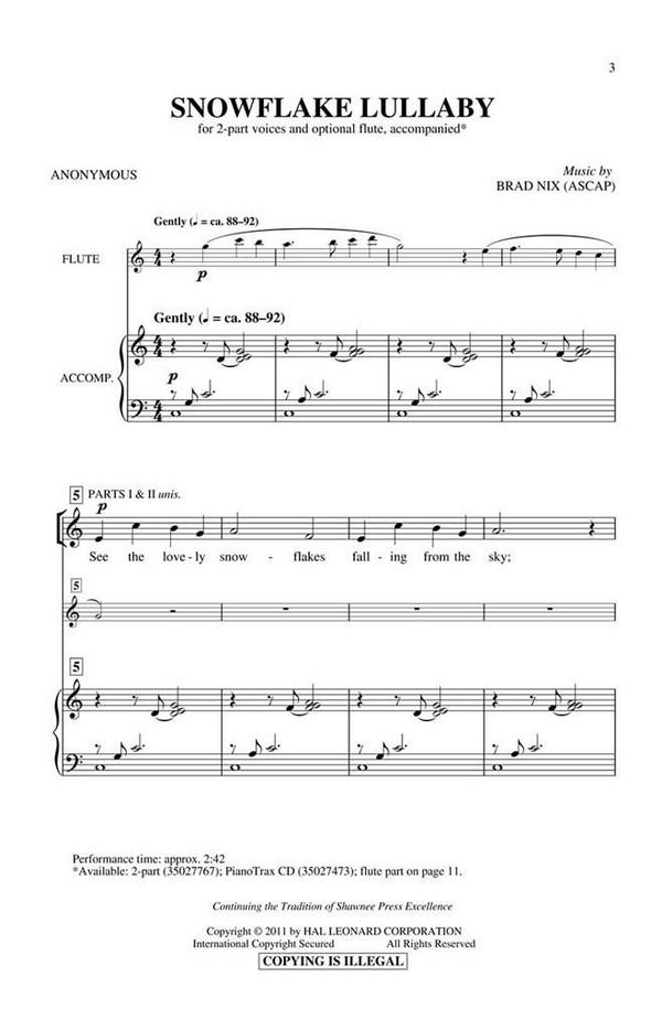 Brad Nix, Snowflake Lullaby&nbsp;&nbsp;2-part Vocal and Flute&nbsp;&nbsp;Chorpartitur