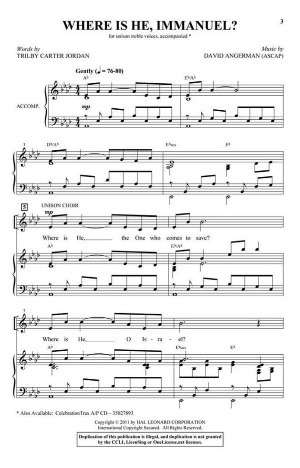 David Angerman, Where Is He, Immanuel?&nbsp;&nbsp;Unison or 2-part Vocal&nbsp;&nbsp;Chorpartitur