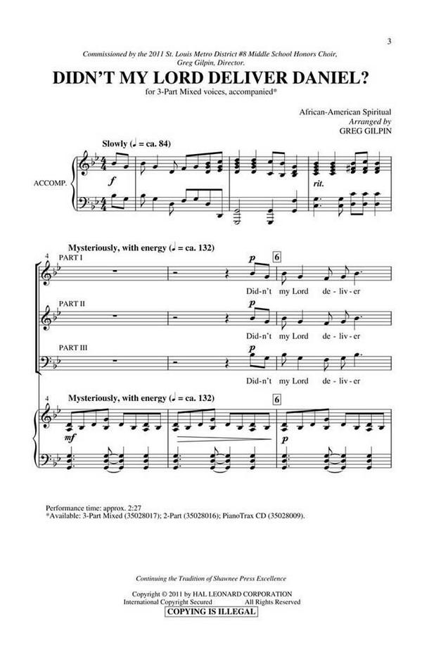 Didn't my Lord deliver Daniel?&nbsp;&nbsp;SAB and Piano&nbsp;&nbsp;Chorpartitur