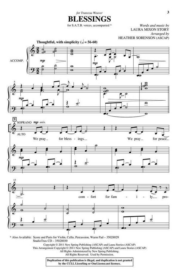 Blessings&nbsp;&nbsp;for mixed chorus and piano&nbsp;&nbsp;chorus score