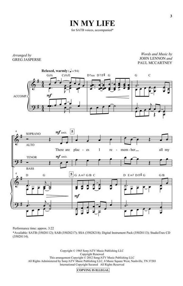 In My Life&nbsp;&nbsp;for mixed choir and piano&nbsp;&nbsp;choral score