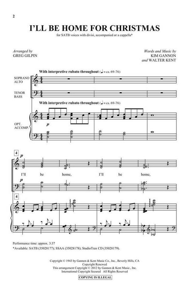Kim Gannon_Walter Kent, I'll Be Home for Christmas&nbsp;&nbsp;SATB a Cappella&nbsp;&nbsp;Chorpartitur