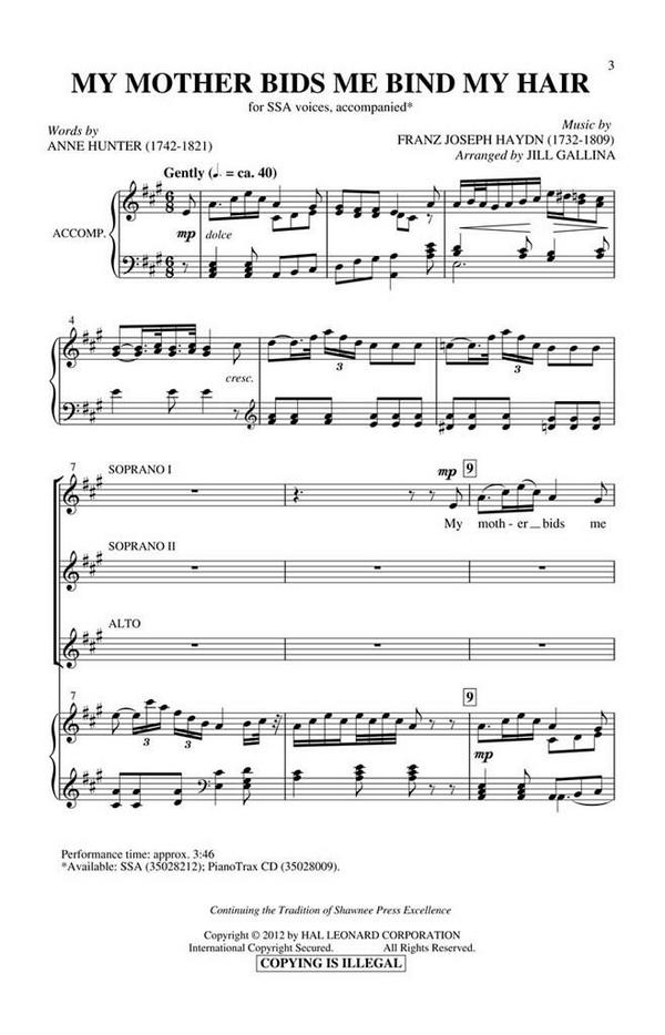 Franz Joseph Haydn, My Mother Bids Me Bind My Hair&nbsp;&nbsp;SSA&nbsp;&nbsp;Chorpartitur