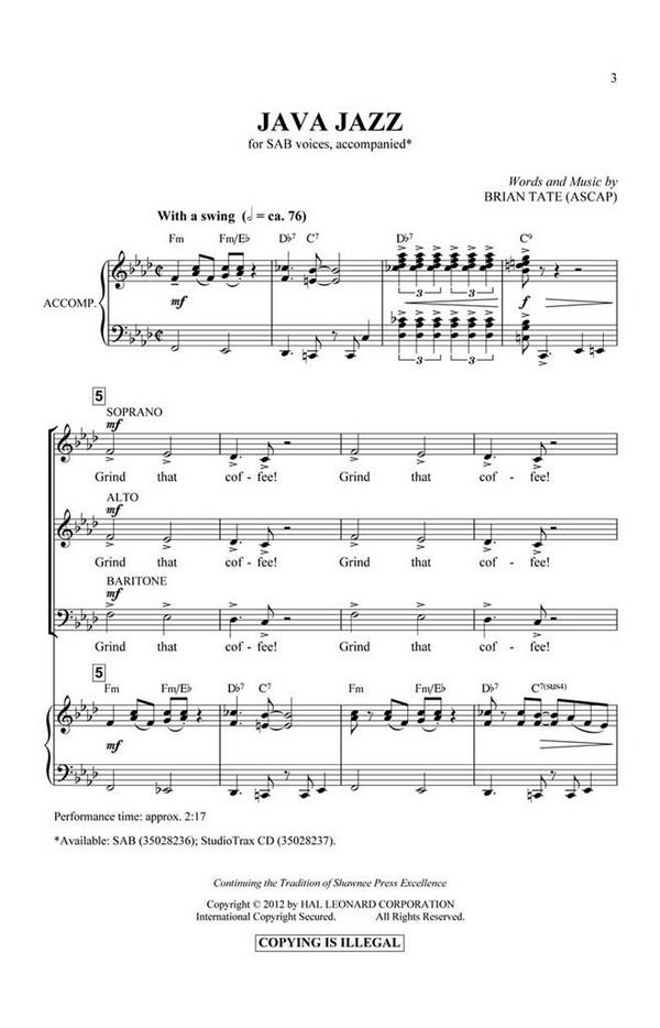 Brian Tate, Java Jazz&nbsp;&nbsp;SAB&nbsp;&nbsp;Chorpartitur