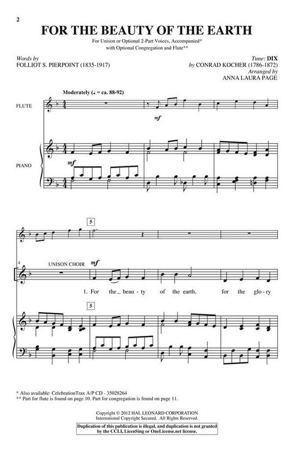 Conrad Kocher, For the Beauty of the Earth&nbsp;&nbsp;Unison or 2-part Vocal&nbsp;&nbsp;Chorpartitur
