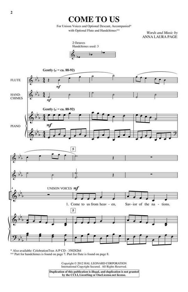 Anna Laura Page, Come to Us&nbsp;&nbsp;Unison or 2-part Vocal&nbsp;&nbsp;Chorpartitur