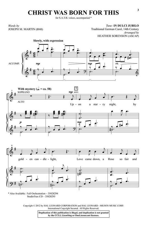 Heather Sorenson, Christ was born for This&nbsp;&nbsp;SATB and Piano&nbsp;&nbsp;Chorpartitur