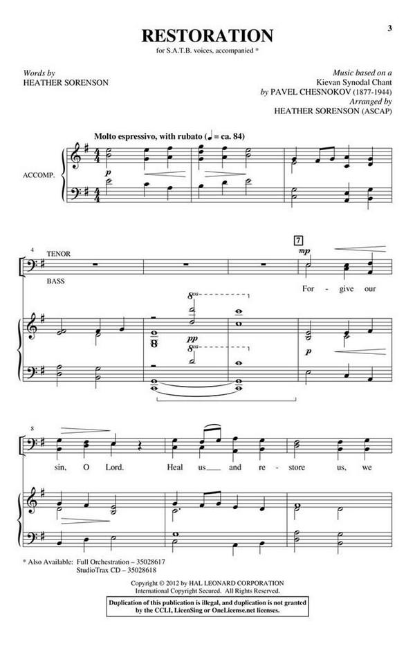 Pavel Chesnokov, Restoration&nbsp;&nbsp;SATB&nbsp;&nbsp;Chorpartitur