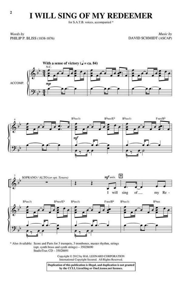 David Schmidt, I Will Sing of My Redeemer&nbsp;&nbsp;SATB&nbsp;&nbsp;Chorpartitur
