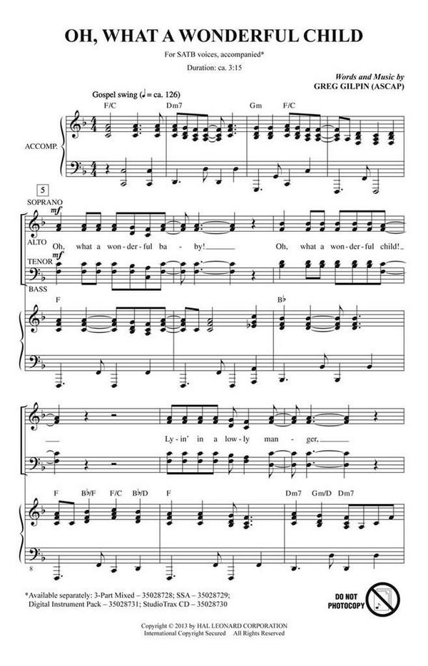 Oh, What a Wonderful Child  for mixed choir and piano  choral score