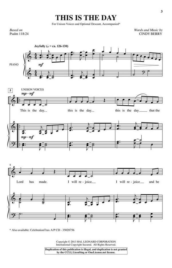 Cindy Berry, This Is the Day&nbsp;&nbsp;Unison or 2-part Vocal&nbsp;&nbsp;Chorpartitur