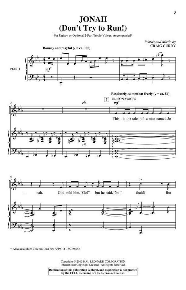 Craig Curry, Jonah Don't Try to Run!&nbsp;&nbsp;Unison or 2-part Vocal&nbsp;&nbsp;Chorpartitur