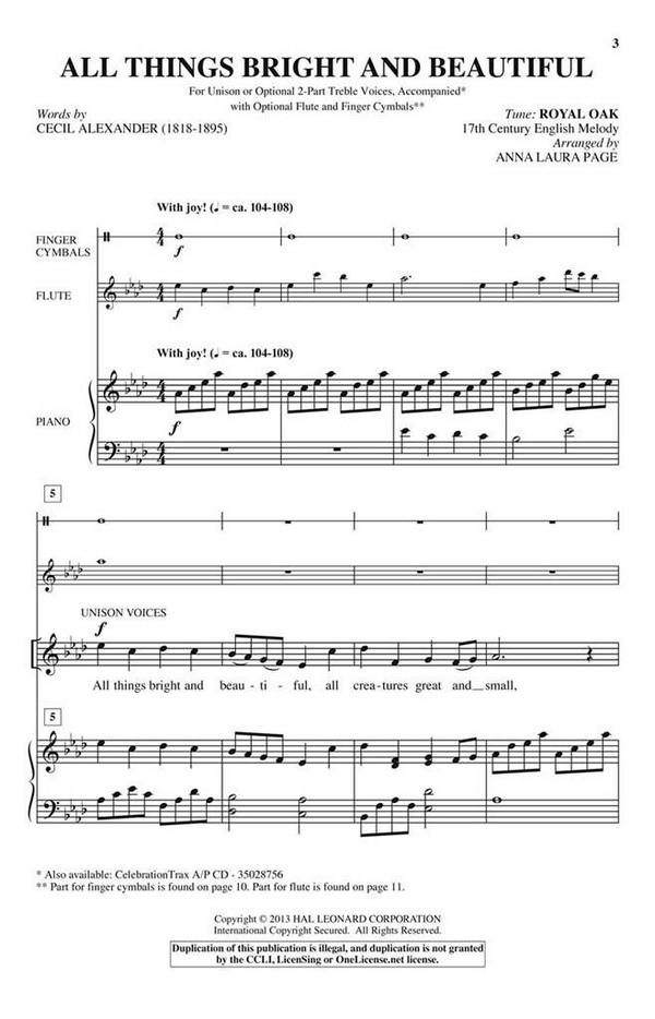All Things Bright and Beautiful&nbsp;&nbsp;Unison or 2-part Vocal&nbsp;&nbsp;Chorpartitur