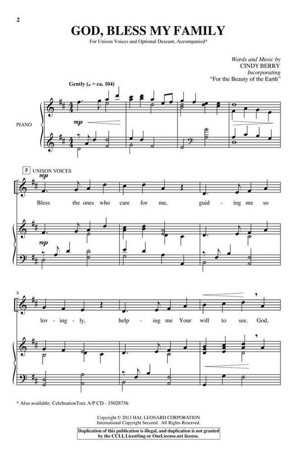 Cindy Berry, God, Bless My Family&nbsp;&nbsp;Unison or 2-part Vocal&nbsp;&nbsp;Chorpartitur