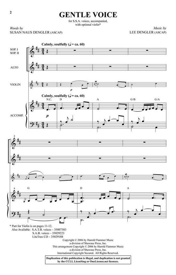 Lee Dengler_Susan Naus Dengler, Gentle Voice&nbsp;&nbsp;SSA and violin&nbsp;&nbsp;Chorpartitur