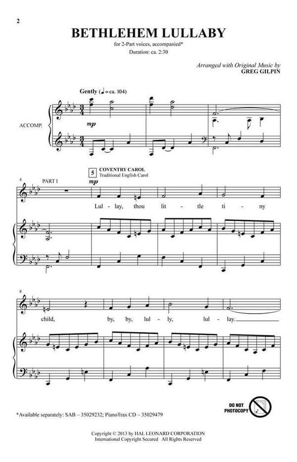 Greg Gilpin, Bethlehem Lullaby&nbsp;&nbsp;2-Part Choir and Piano&nbsp;&nbsp;Chorpartitur