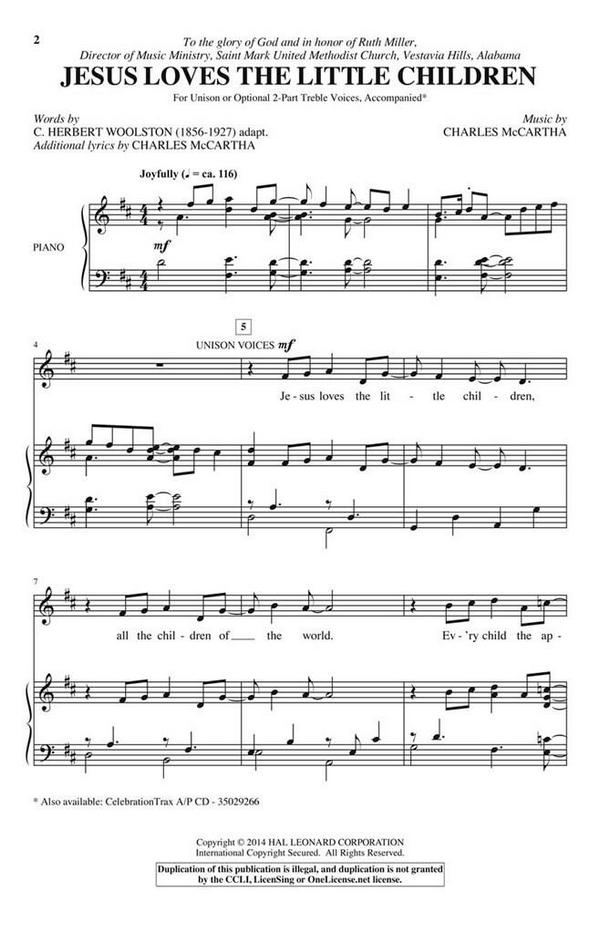 Charles McCartha, Jesus Loves the Little Children&nbsp;&nbsp;Unison and opt. 2-Part&nbsp;&nbsp;Chorpartitur