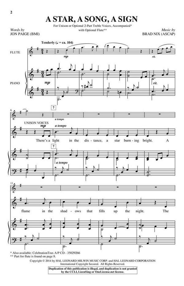 Brad Nix, A Star, A Song, A Sign&nbsp;&nbsp;2-Part Choir&nbsp;&nbsp;Chorpartitur