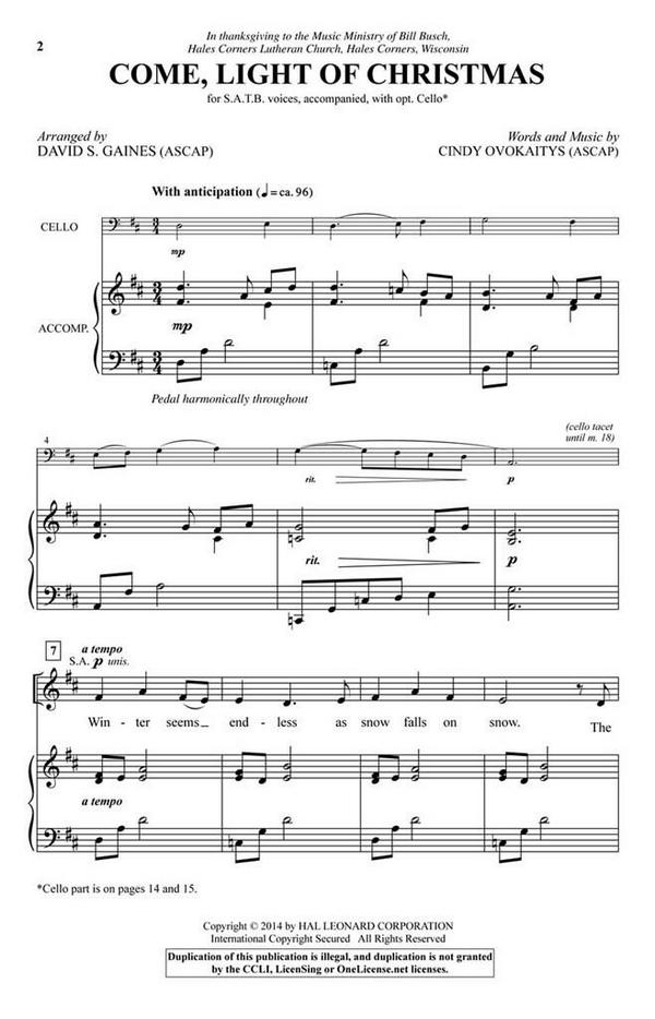 Cindy Ovokaitys, Come, Light Of Christmas&nbsp;&nbsp;SATB and opt. Cello&nbsp;&nbsp;Chorpartitur