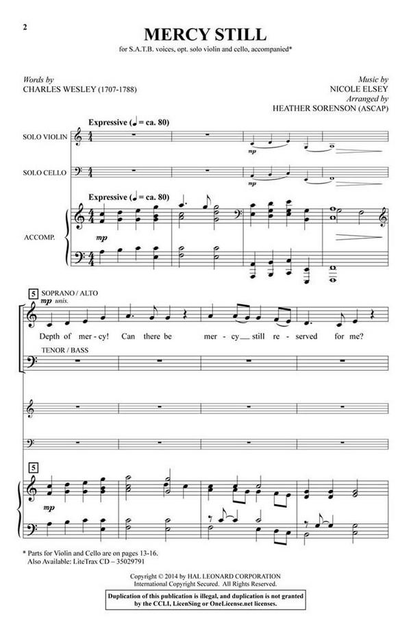 Charles Wesley_Nicole Elsey, Mercy Still&nbsp;&nbsp;SATB and opt. Violin or Cello&nbsp;&nbsp;Chorpartitur