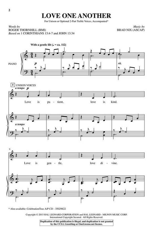 Brad Nix, Love One Another&nbsp;&nbsp;Unison/2-Part Treble&nbsp;&nbsp;Chorpartitur