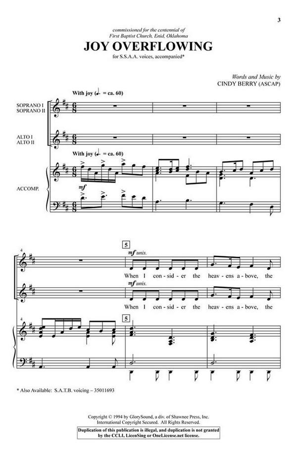Cindy Berry, Joy Overflowing&nbsp;&nbsp;SSAA&nbsp;&nbsp;Chorpartitur