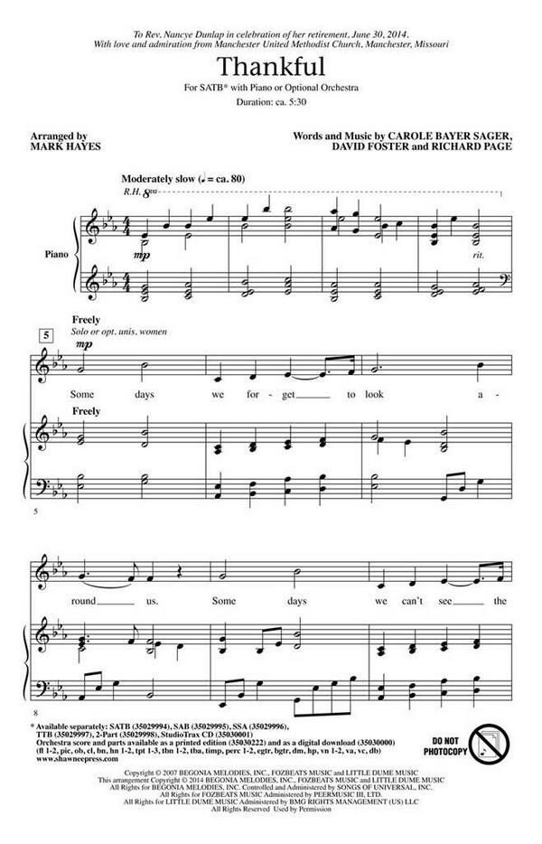 Carole Bayer Sager_David Foster_Richard Page, Thankful&nbsp;&nbsp;SATB&nbsp;&nbsp;Chorpartitur