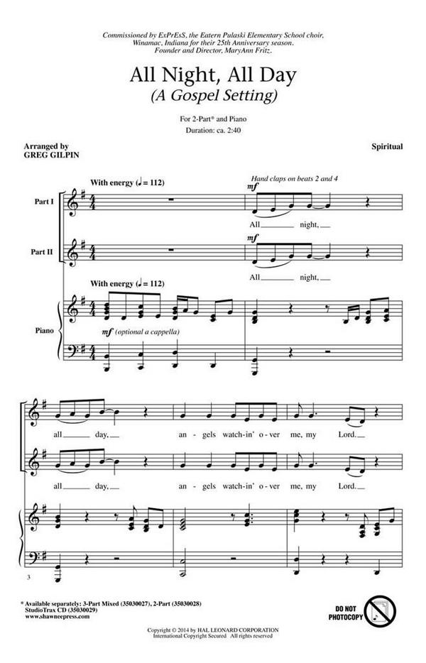 All Night, All Day&nbsp;&nbsp;2-Part Choir and Piano&nbsp;&nbsp;Chorpartitur