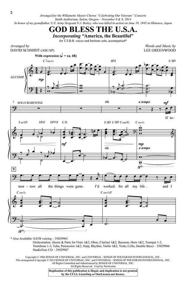 Lee Greenwood, God Bless the U.S.A.&nbsp;&nbsp;TTBB&nbsp;&nbsp;Chorpartitur